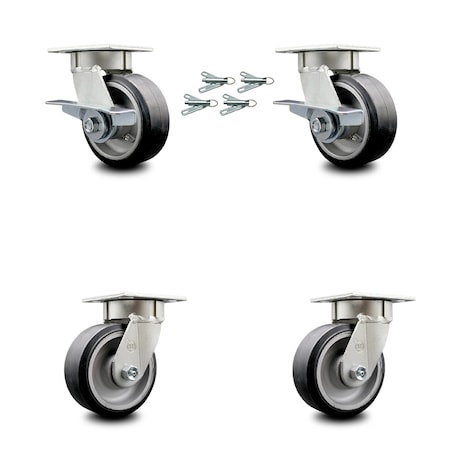 5 Inch Kingpinless Rubber on Aluminum Wheel Caster Swivel Locks 2 Brakes 4PK